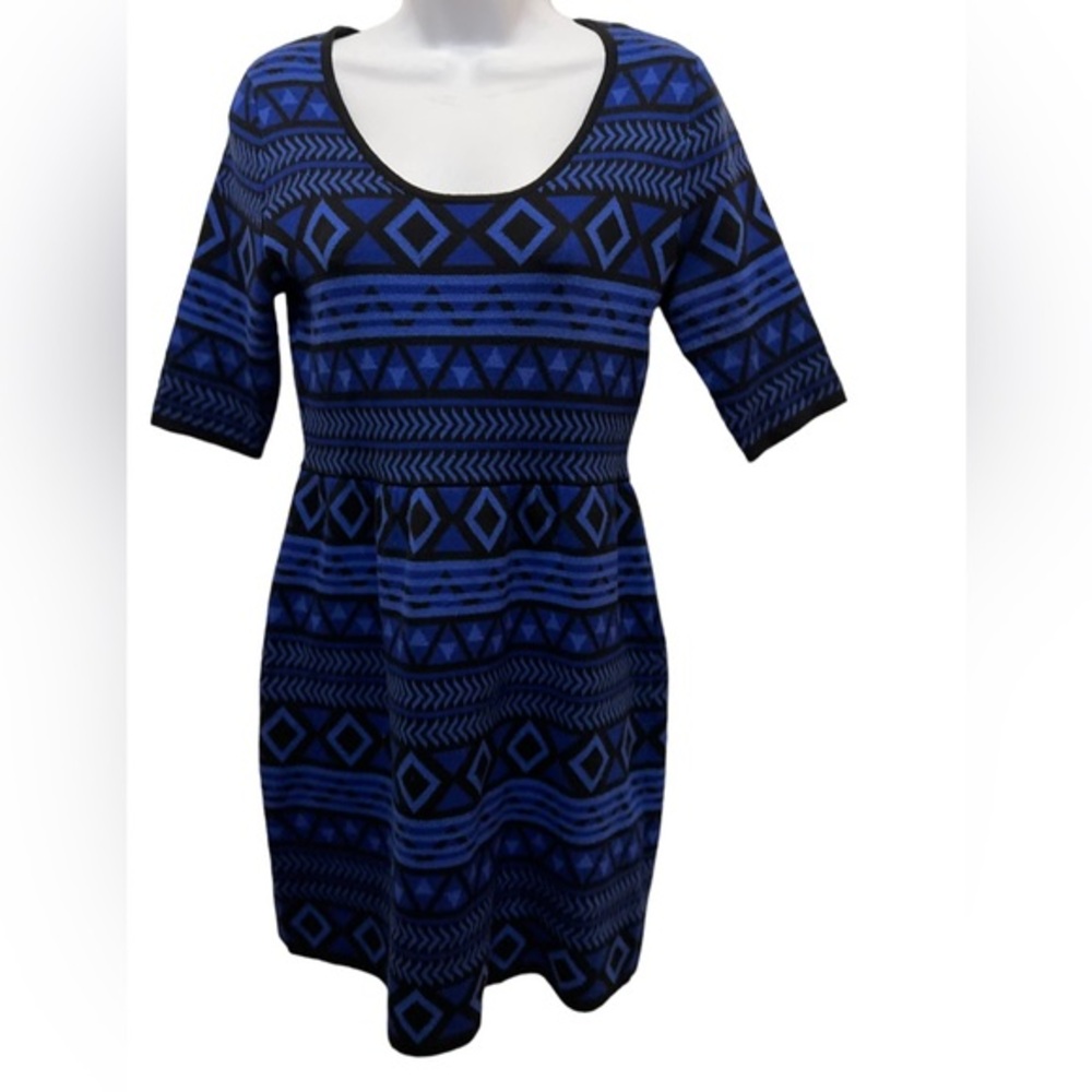 T O Blue and Black Geometric Sweater Dress Size S NWOT